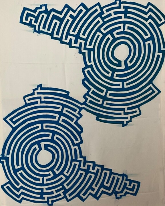 Printmaking titled "Labyrinth #10" by Michael E. Voss, Original Artwork, Linocuts Mounted on Wood Stretcher frame