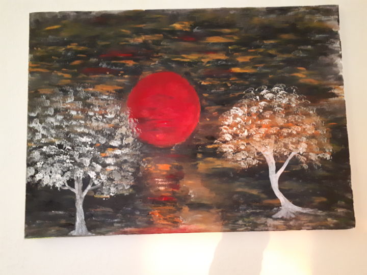 Malerei mit dem Titel "2 arbres sous la lu…" von Florence Castelli  Flofloyd, Original-Kunstwerk, Acryl