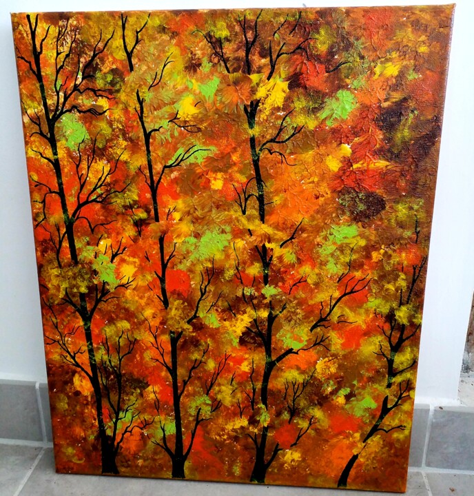 Pittura intitolato "L automne en forêt" da Florence Castelli  Flofloyd, Opera d'arte originale, Acrilico