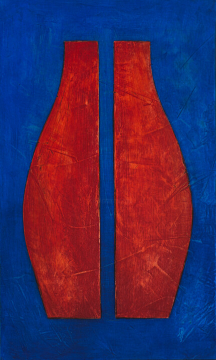 Painting titled "Rote Figur auf blau…" by Marc René Geiser (slvrlane), Original Artwork, Pigments