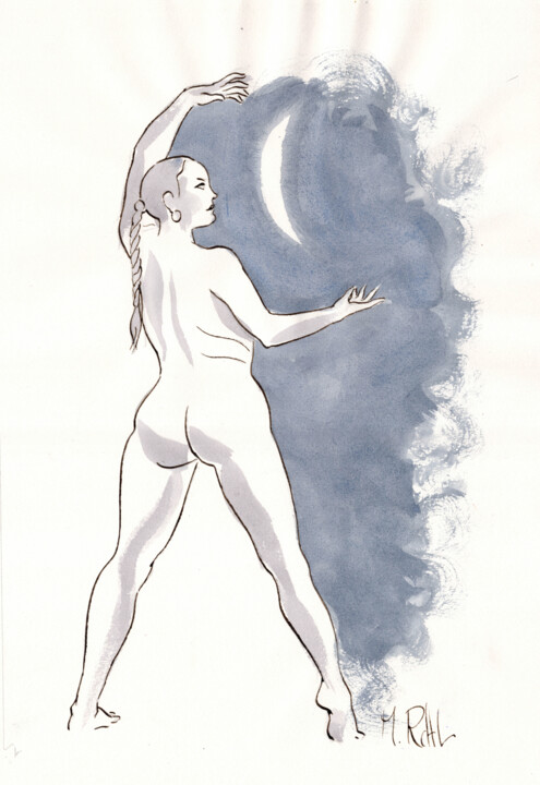 Dibujo titulada "Femme lune" por Marc Rouchairoles, Obra de arte original, Tinta