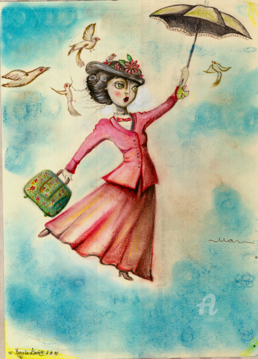 Drawing titled "MISS POPPINS" by Marcela Leon, Original Artwork, Pastel