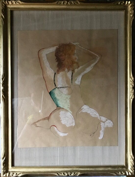 Schilderij getiteld "La rossa" door Marcello Monari, Origineel Kunstwerk, Krijt Gemonteerd op Frame voor houten brancard