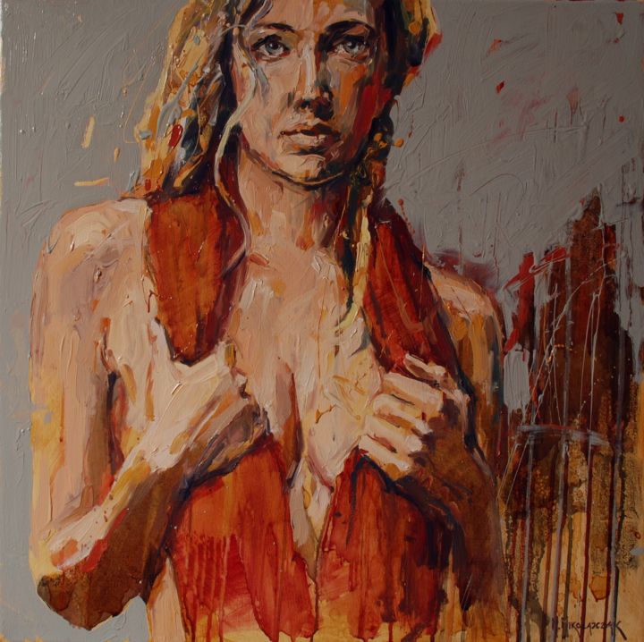 Peinture intitulée "Girl in a red shawl" par Marcin Mikołajczak, Œuvre d'art originale, Autre