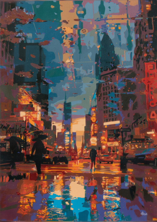 Malerei mit dem Titel "Dystopian New York…" von Marco Barberio, Original-Kunstwerk, Sprühfarbe Auf Keilrahmen aus Holz monti…
