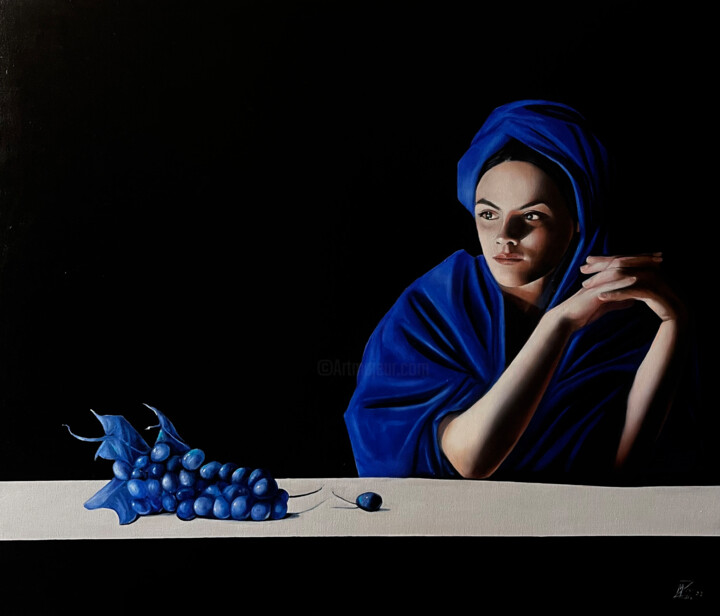 Painting titled "Uvas de sabor azul" by Marco Zamudio, Original Artwork, Oil Mounted on Wood Panel