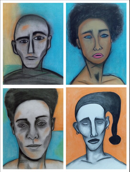 Zeichnungen mit dem Titel "Faces desconhecidas" von Marcos Bastos, Original-Kunstwerk, Kohle