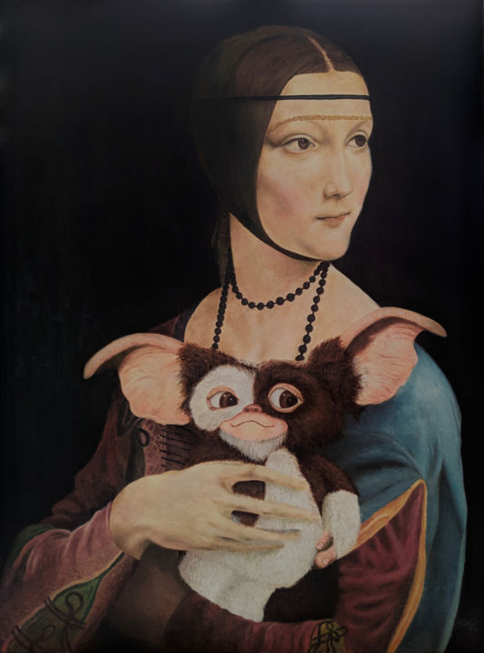 Schilderij getiteld "Lady with a Mogwai" door Marco Santos, Origineel Kunstwerk, Olie Gemonteerd op Frame voor houten branca…