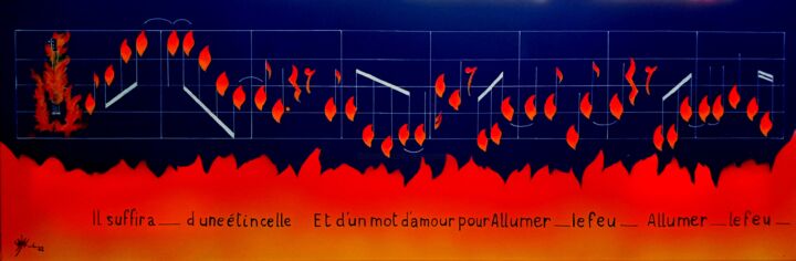 제목이 "Allumer le feu"인 미술작품 Marc Parmentier로, 원작, 페인트 스프레이 나무 들것 프레임에 장착됨