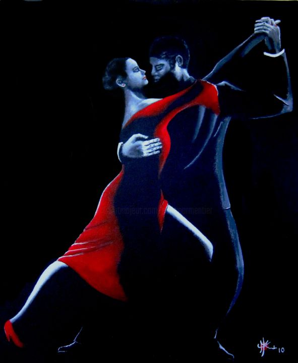 「Rouge tango」というタイトルの絵画 Marc Parmentierによって, オリジナルのアートワーク, アクリル ウッドストレッチャーフレームにマウント