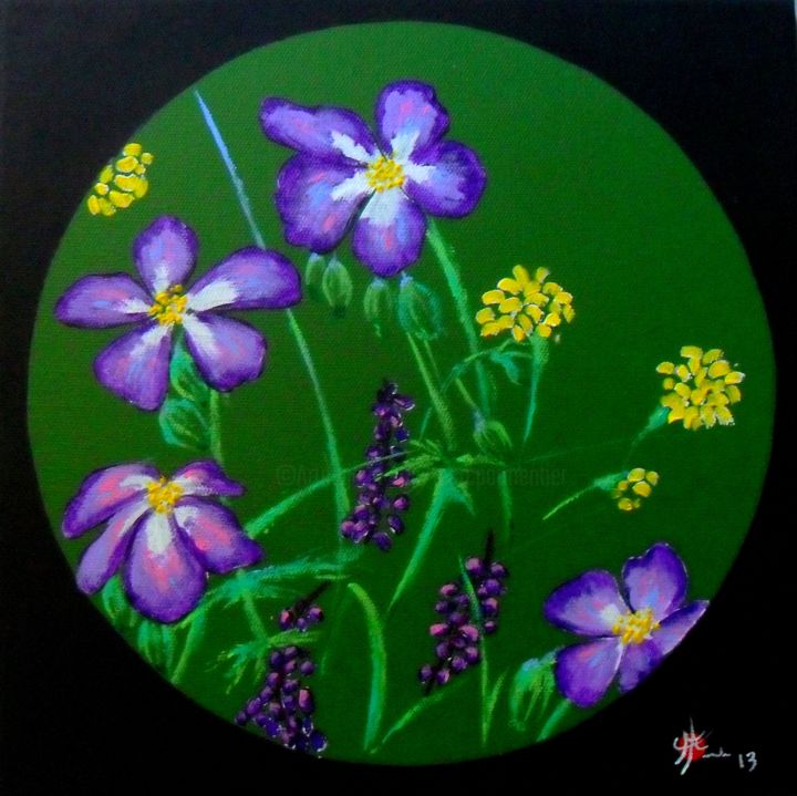 Painting titled "Prairie en fleurs" by Marc Parmentier, Original Artwork, Acrylic Mounted on Wood Stretcher frame