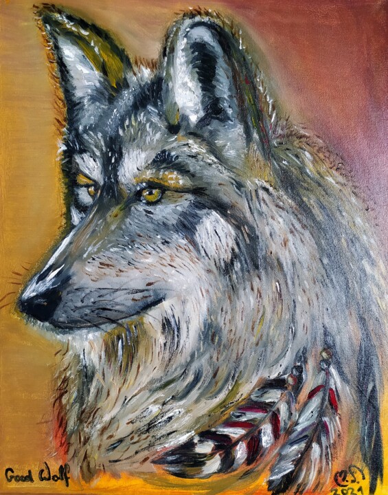 Schilderij getiteld ""Good Wolf"" door Marek Spetel, Origineel Kunstwerk, Olie Gemonteerd op Frame voor houten brancard