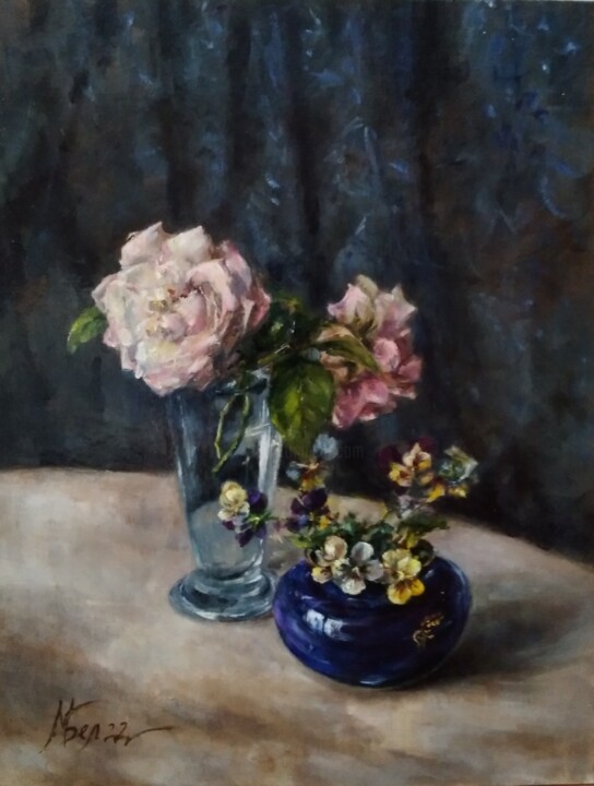 Schilderij getiteld "My Flowers" door Maria Bel, Origineel Kunstwerk, Olie