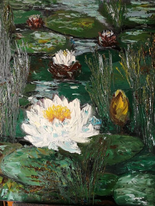 "White water lily" başlıklı Tablo Maria Galan tarafından, Orijinal sanat, Petrol Ahşap Sedye çerçevesi üzerine monte edilmiş