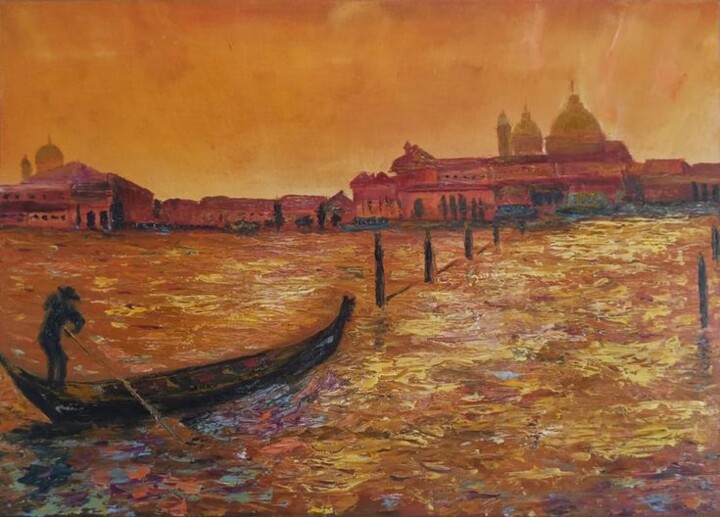 Malerei mit dem Titel "Tramonto a Venezia" von Maria Galan, Original-Kunstwerk, Öl Auf artwork_cat. montiert