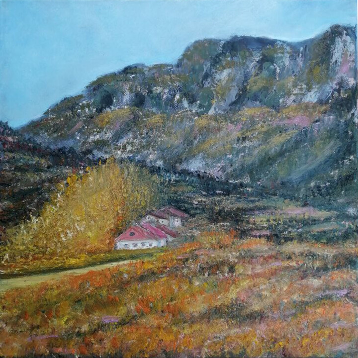 Schilderij getiteld "Rural autumn" door Maria Galan, Origineel Kunstwerk, Olie Gemonteerd op Frame voor houten brancard