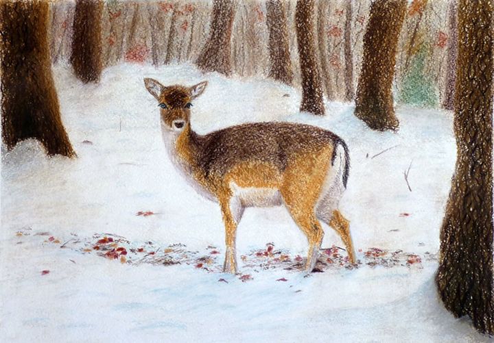 Rysunek zatytułowany „Biche d'hiver” autorstwa Lapinou, Oryginalna praca, Pastel