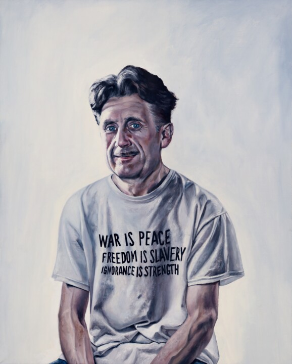 Painting titled "G.Orwell 1984" by Maria Petroff, Original Artwork, Oil Mounted on Wood Stretcher frame