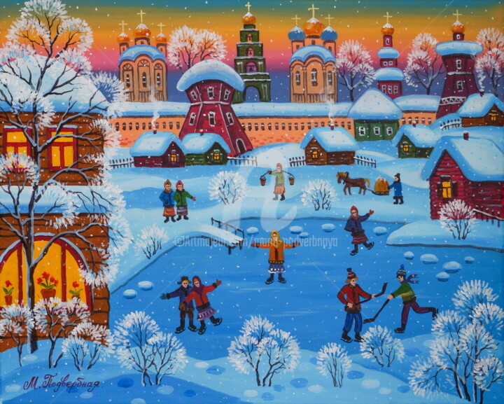 Malerei mit dem Titel "Winter Evening" von Maria Podverbnaya, Original-Kunstwerk, Acryl