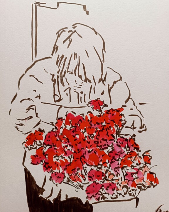 Dessin intitulée "В цветочном магазине" par Maria Rumanceva, Œuvre d'art originale, Aquarelle