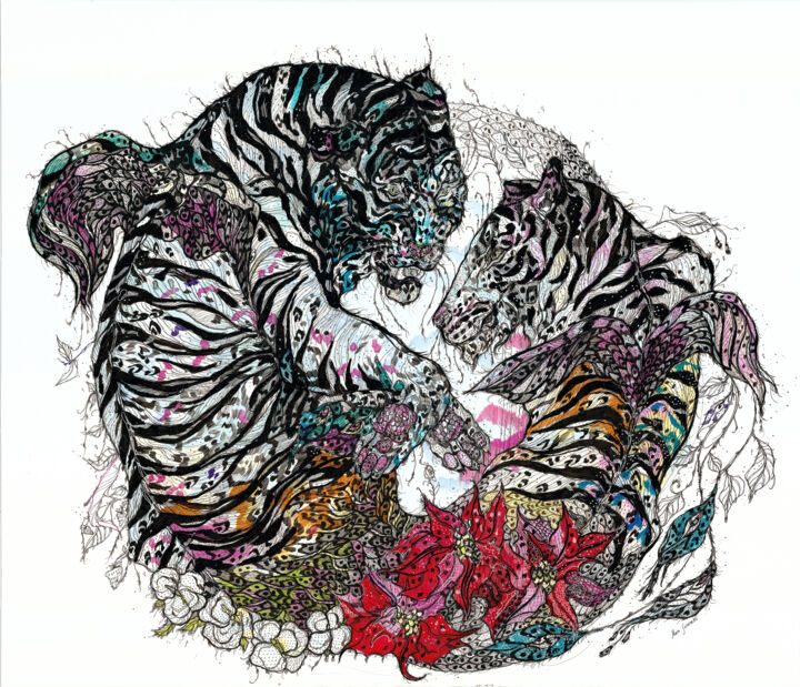 Drawing titled "Blue Water Tiger" by Maria Susarenko, Original Artwork, Gel pen