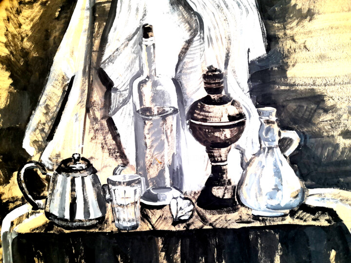 Peinture intitulée "Still life with tea…" par Maria Terskikh, Œuvre d'art originale, Gouache