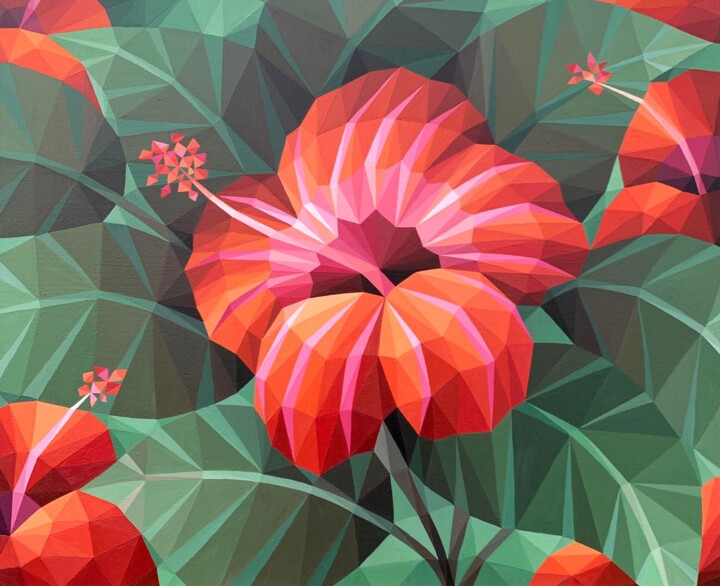 Painting titled "ORANGE HIBISCUS FLO…" by Maria Tuzhilkina, Original Artwork, Acrylic Mounted on Wood Stretcher frame