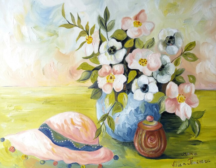 Painting titled "Les anemones" by Maria Villain, Original Artwork, Oil