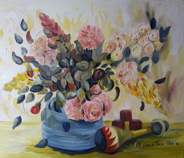 Painting titled "Les roses et les lu…" by Maria Villain, Original Artwork, Oil