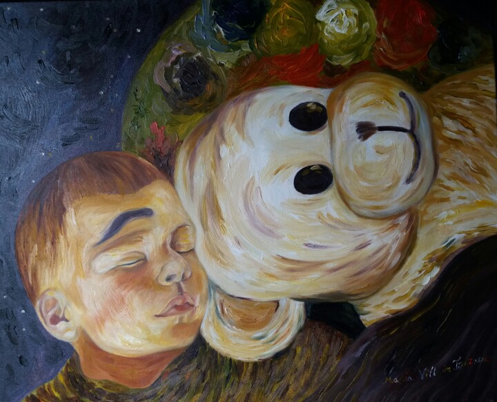 Painting titled "Rever avec son ours" by Maria Villain, Original Artwork, Oil