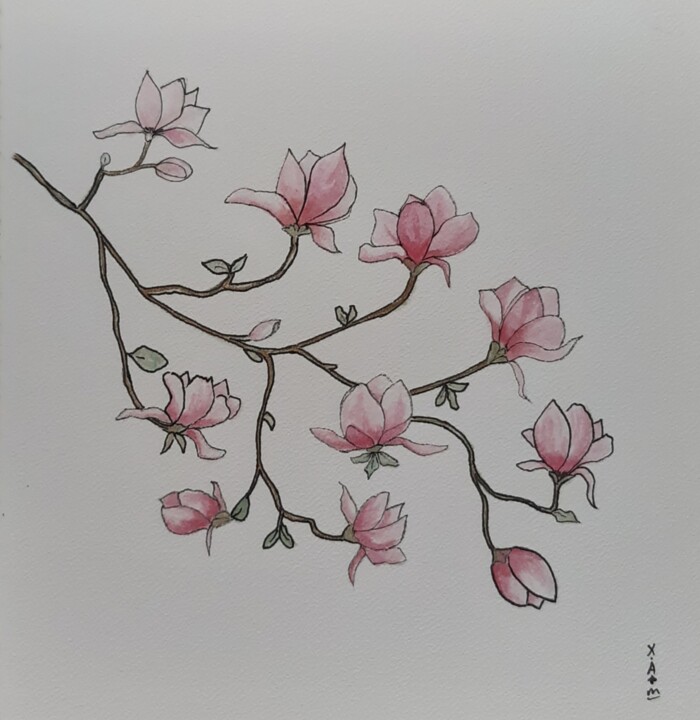 Pintura intitulada "Fleurs de magnolia" por Maria Xavier Alves (XAM), Obras de arte originais, Aquarela