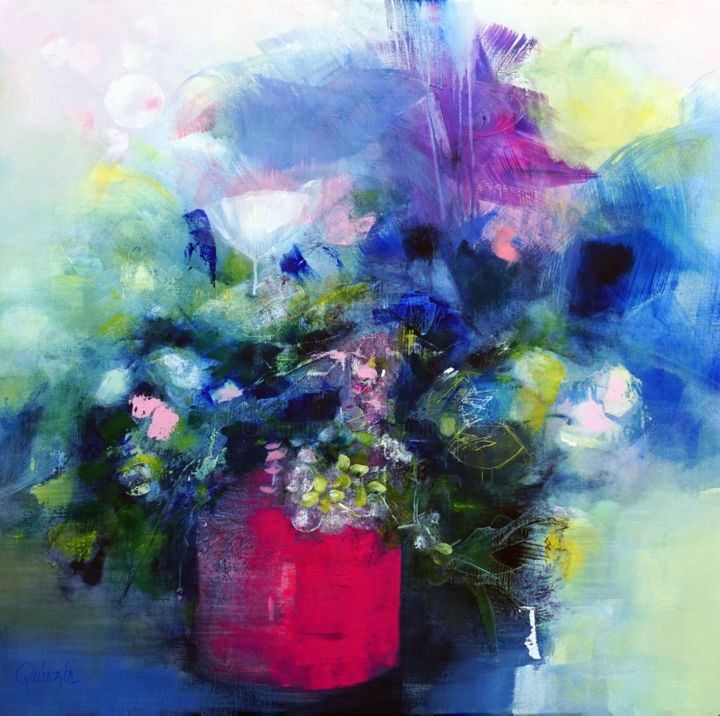 Malarstwo zatytułowany „Flowers in a pink p…” autorstwa Marianne Quinzin, Oryginalna praca, Akryl Zamontowany na Drewniana r…