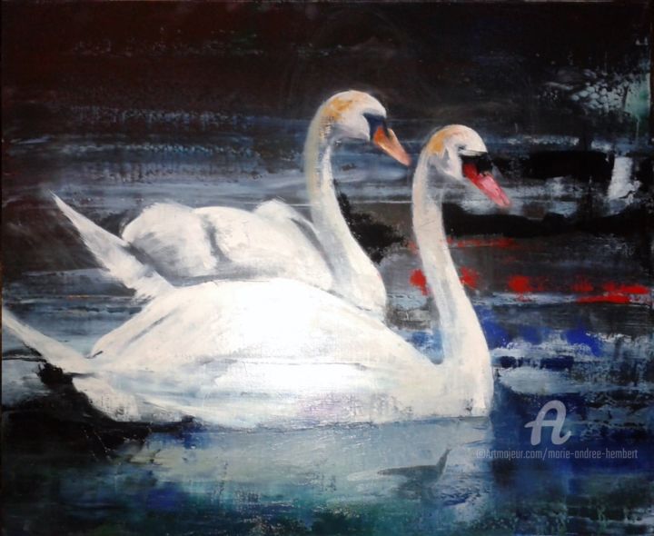 Peinture intitulée "cygnes" par Marie Andrée Hembert, Œuvre d'art originale, Huile