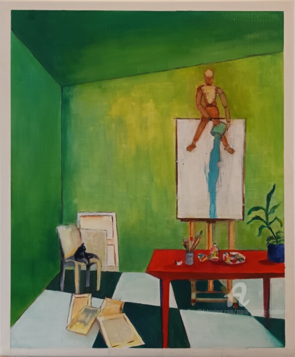 제목이 "Atelier d'artiste m…"인 미술작품 Marie Andrée Hembert로, 원작, 기름 나무 들것 프레임에 장착됨