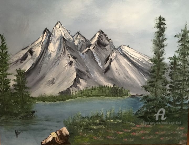 Painting titled "Montagne paisible" by Marie-Ange Fileni, Original Artwork, Oil