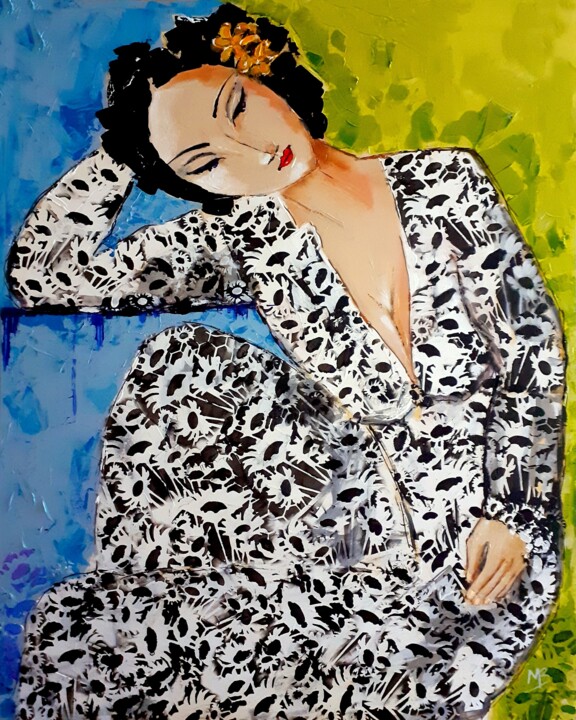 Painting titled "Miss Daisy" by Marie Bony, Original Artwork, Acrylic Mounted on Wood Stretcher frame