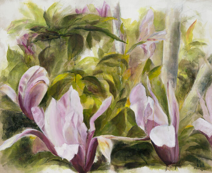 Malerei mit dem Titel "Les Magnolias" von Marie-Claire Martin Macé, Original-Kunstwerk, Öl