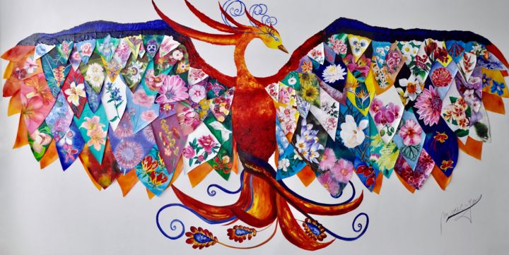 Painting titled "The Flower Phoenix" by Marie-Jose Ged, Original Artwork, Oil Mounted on Wood Stretcher frame