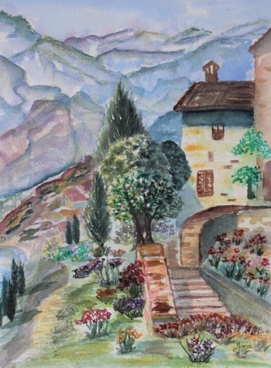 Painting titled "La maison près de l…" by Marie-José Longuet, Original Artwork, Watercolor