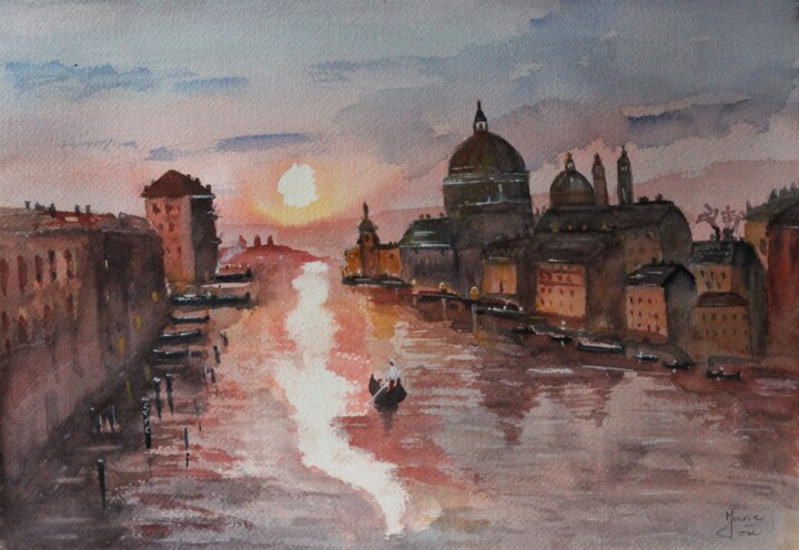 Painting titled "Venise au coucher d…" by Marie-José Longuet, Original Artwork, Watercolor