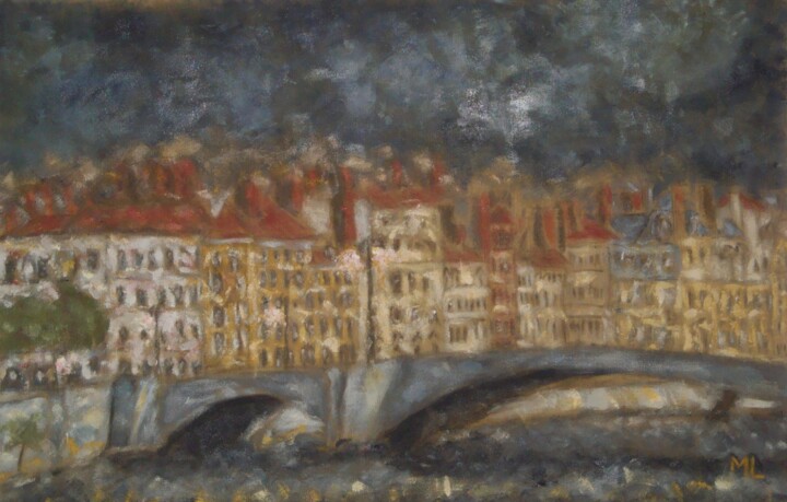 Malarstwo zatytułowany „Lyon, Quai de Saône” autorstwa Marie Laniepce, Oryginalna praca, Olej