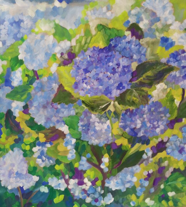 Peinture intitulée "Hortensias bleus" par Marie Leddet, Œuvre d'art originale, Gouache