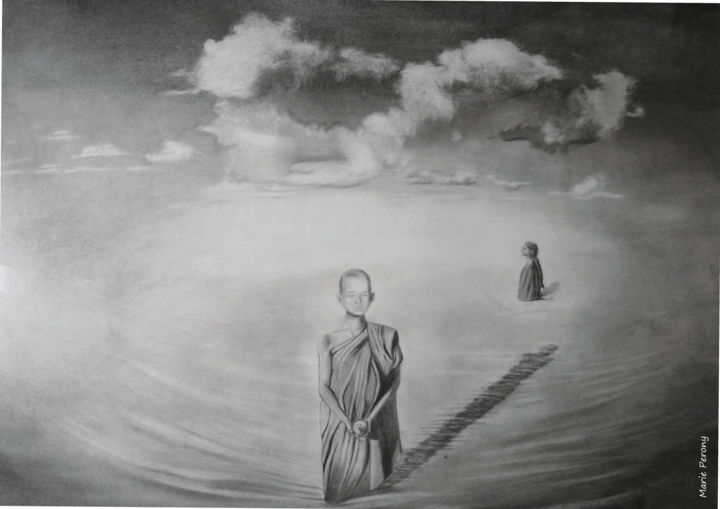 Disegno intitolato "Little Buddha" da Marie Perony, Opera d'arte originale, Carbone