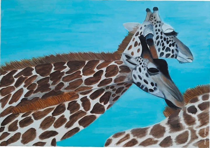 Pintura intitulada "Famille girafes" por Marie Perony, Obras de arte originais, Óleo