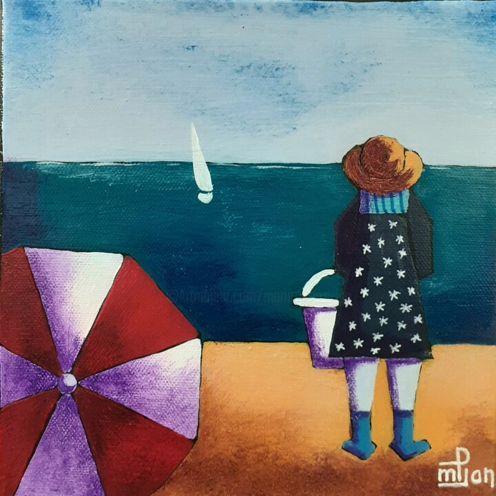 Painting titled "Plage 3" by Marie-Pierre Jan, Original Artwork, Acrylic Mounted on Wood Stretcher frame