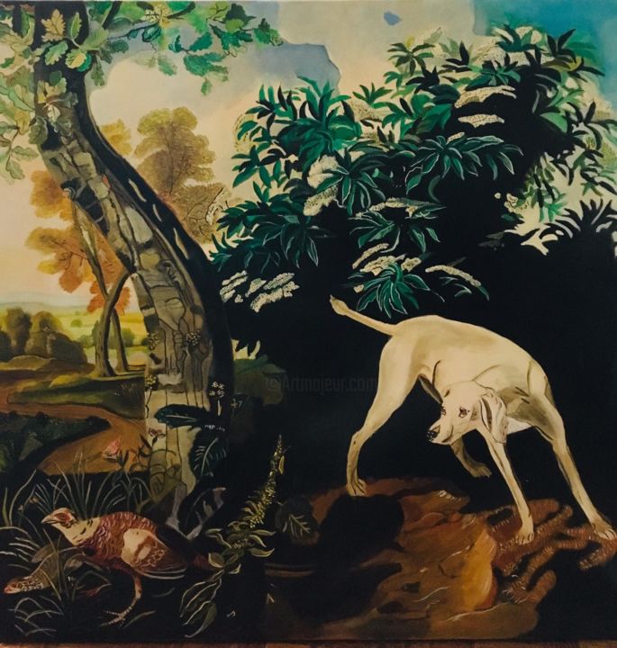 Peinture intitulée ""Chien blanche deva…" par Marie-Alice Dessiotou, Œuvre d'art originale, Huile