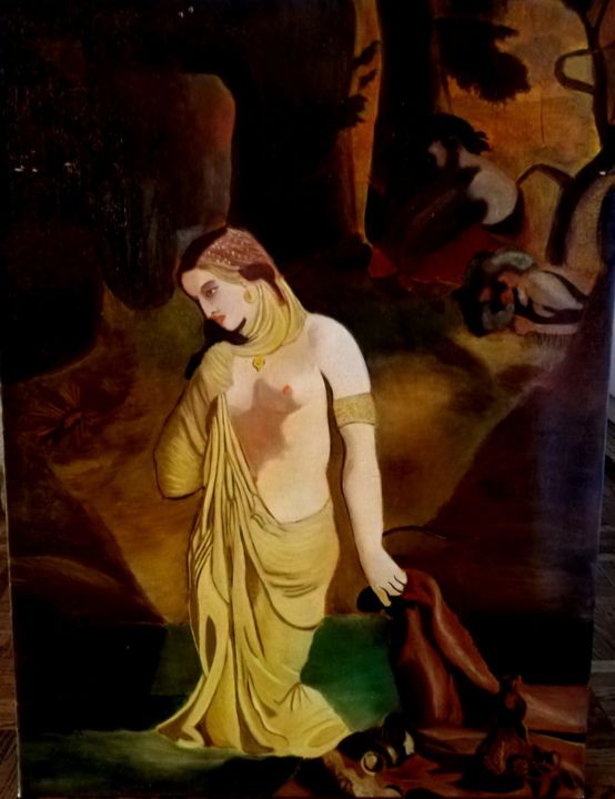 Peinture intitulée ""Suzanne au Bain"" par Marie-Alice Dessiotou, Œuvre d'art originale, Huile