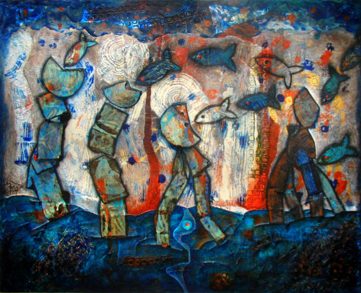 Painting titled "LES JOUEURS" by Marie Bazin, Original Artwork, Acrylic Mounted on Wood Stretcher frame