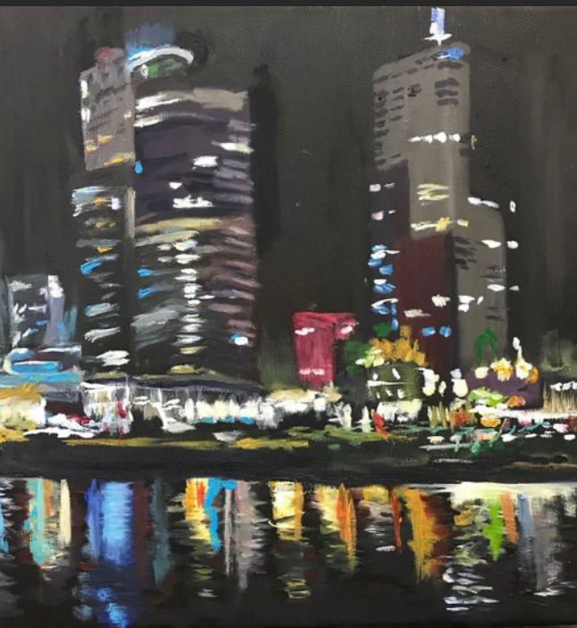Painting titled "Rotterdam by night" by Mariëlle Van Woudenberg, Original Artwork, Oil
