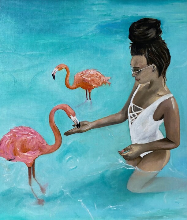 「Girl with flamingos」というタイトルの絵画 Mariia Fedorovaによって, オリジナルのアートワーク, オイル ウッドパネルにマウント